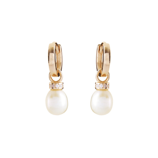 E981-GP - Gold Hoop Freshwater Pearl & CZ Drop Earrings