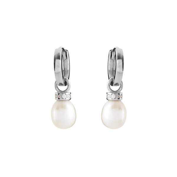 E981-RH - Rhodium Hoop Freshwater Pearl & CZ Drop Earrings