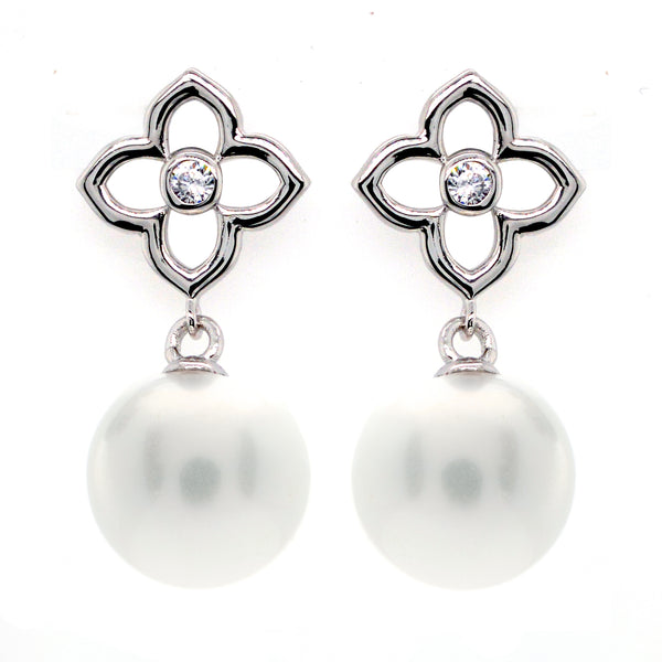 E218-RH - Rhodium cz flower and pearl earrings
