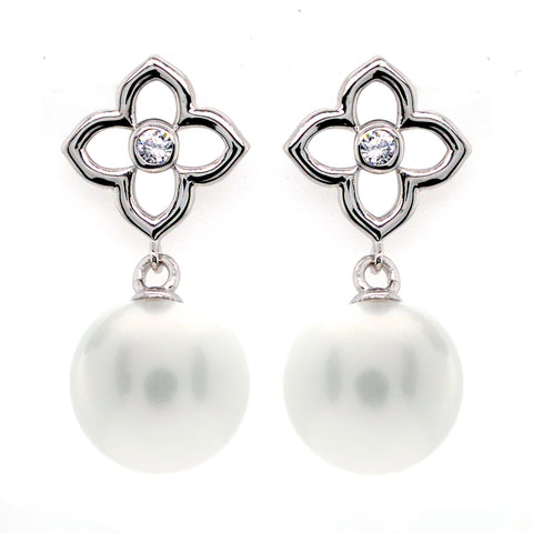 E218-RH - Rhodium cz flower and pearl earrings