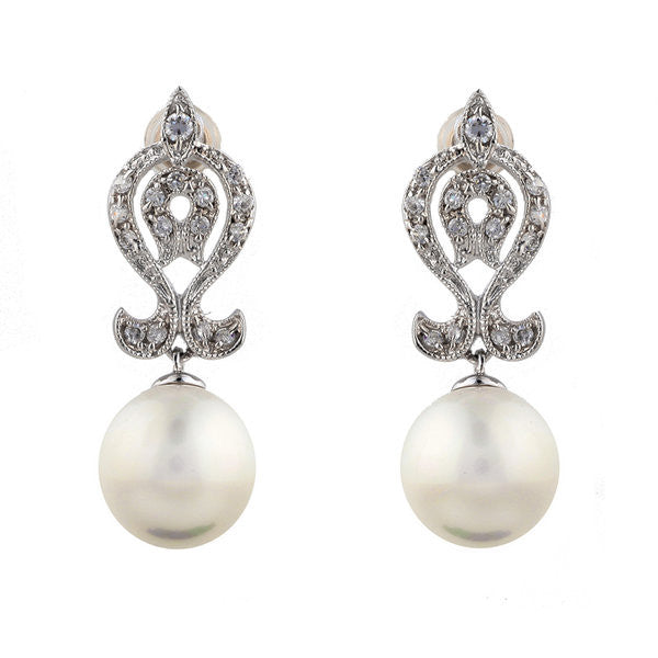 E1142 - Rhodium art deco cz & white pearl earrings