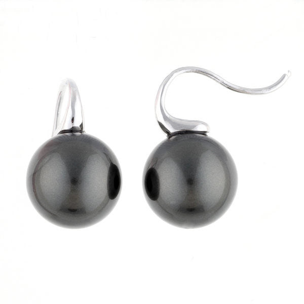 E69-608RH - Large black round pearl earrings on rhodium hook