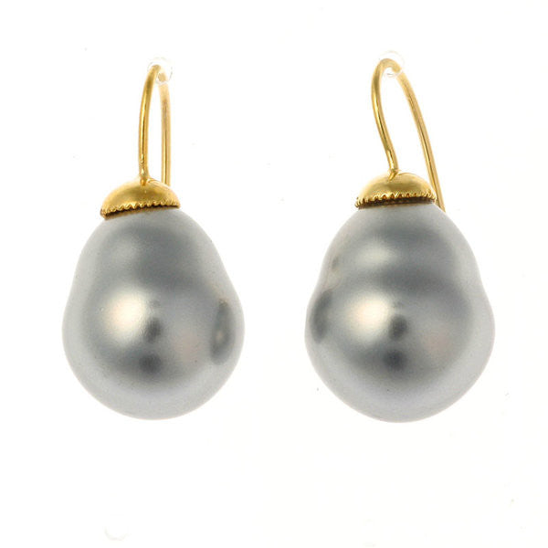 E82-212GP - 12 x 15mm grey baroque pearl on gold plate french hook earring
