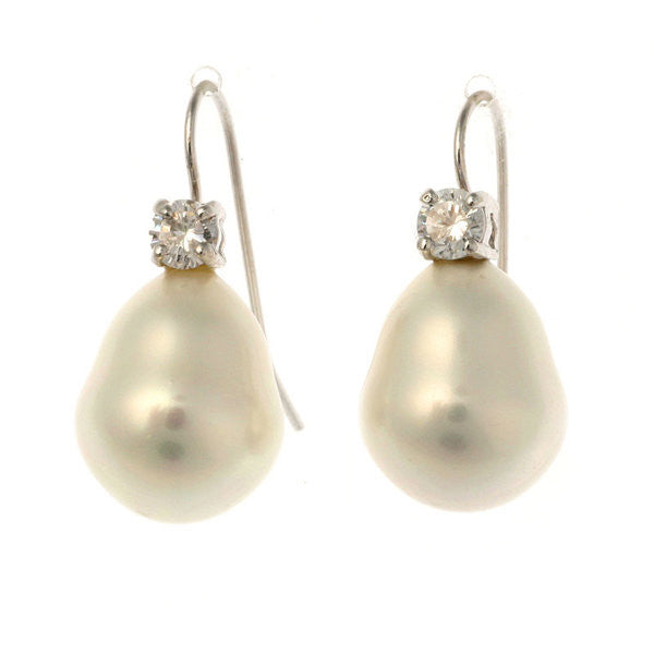 E31-701RH - CZ & 12 x 15mm white baroque pearl on rhodium french hook earring