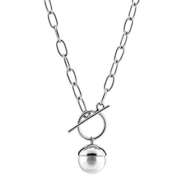 N402-RH - Rhodium large link necklace with 14mm white pearl drop