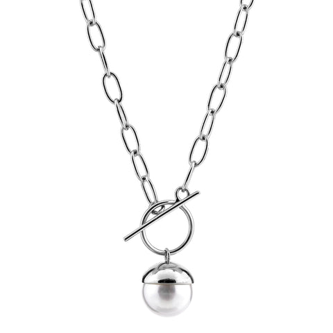 N402-RH - Rhodium large link necklace with 14mm white pearl drop