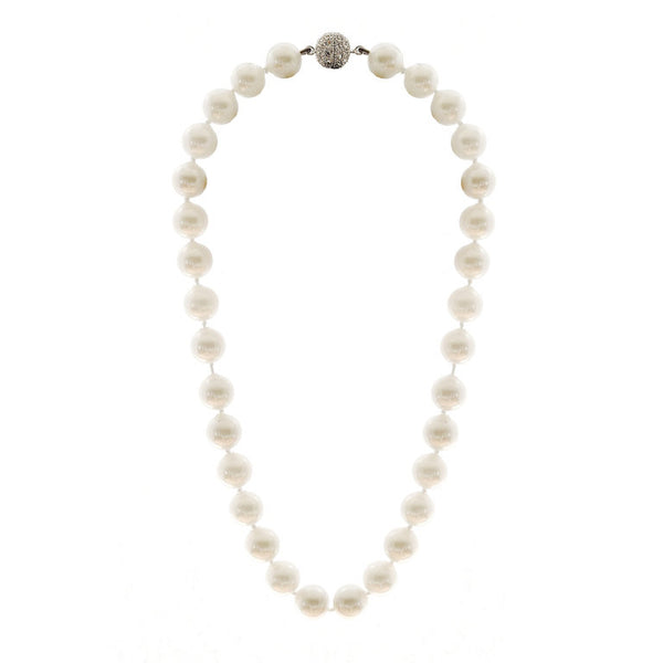 N701-12 - 12mm white pearl necklace with cubic zirconia clasp