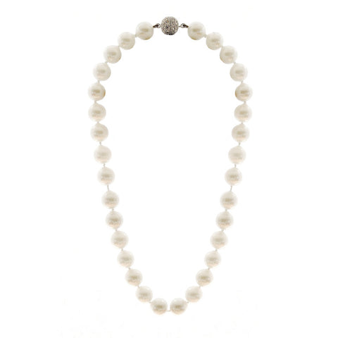 N701-12 - 12mm white pearl necklace with cubic zirconia clasp