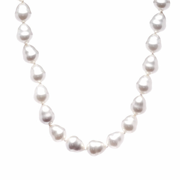 N701BAR - 12 x 15mm white baroque pearl necklace with silver cz ball clasp