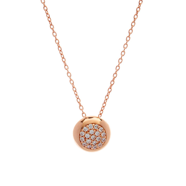P1024-RG - Rose gold plate cubic zirconia round paved pendant on fine chain -
