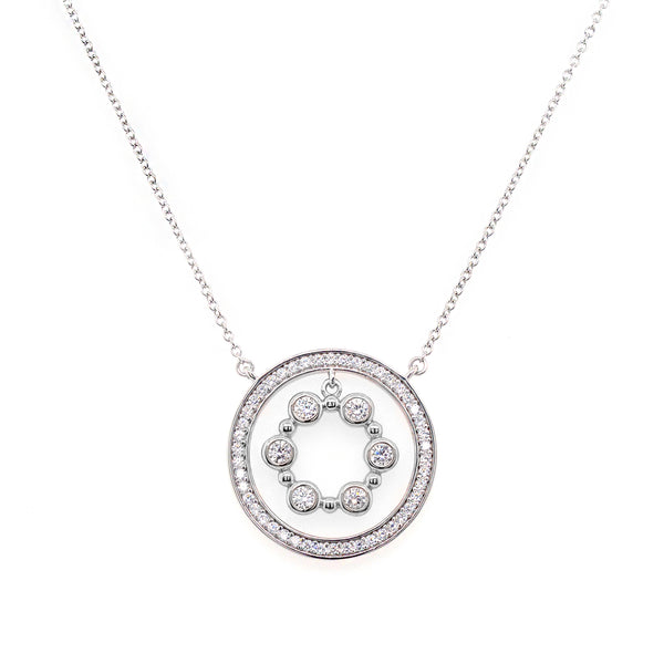 P141-RH - Rhodium circle cz pendant on fine chain