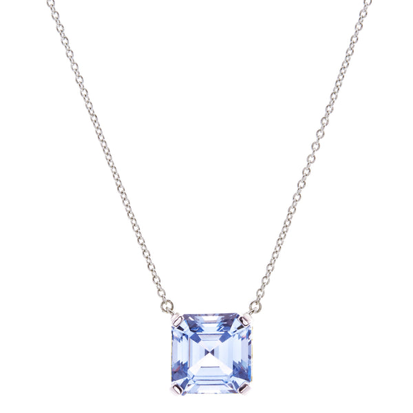 P149-B Rhodium square blue pendant on fine chain