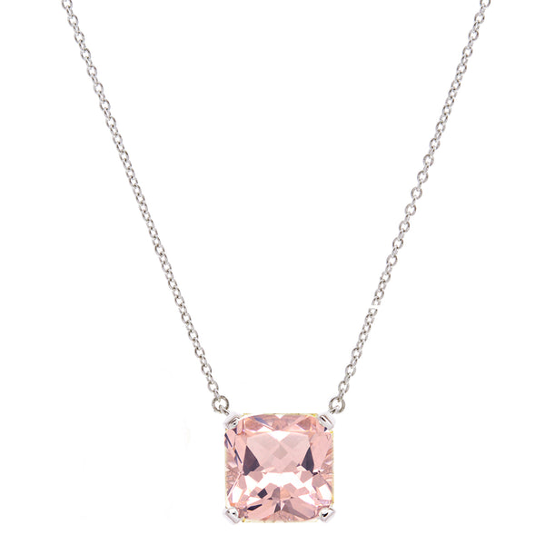 P149-P  Rhodium square pink pendant on fine chain