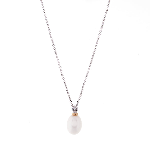 P160-RG - Two Tone Rose Gold CZ & Freshwater Pearl Pendant