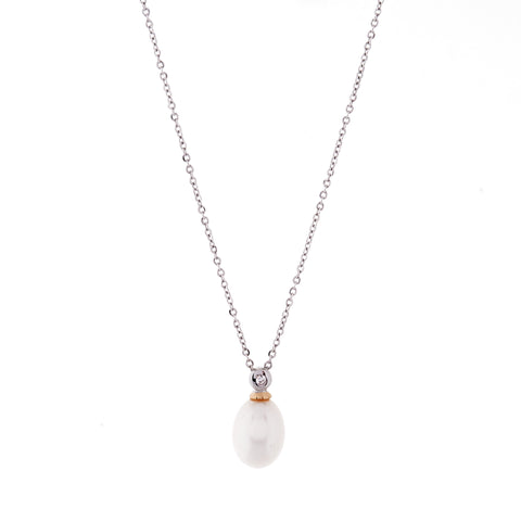 P160-RG - Two Tone Rose Gold CZ & Freshwater Pearl Pendant