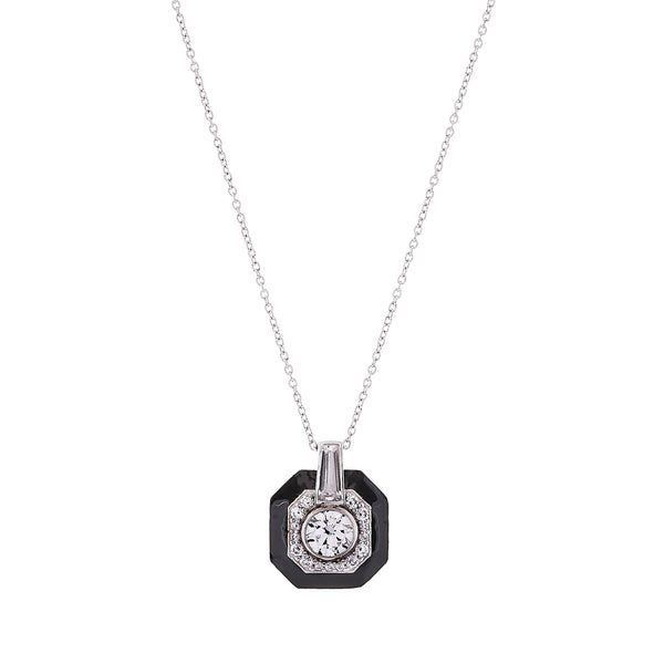 P16544 - Rhodium Black & Clear CZ Square Art Deco Pendant