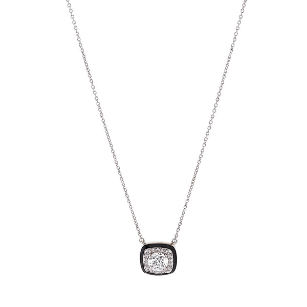 P16559 - Rhodium Black & Clear CZ Square Pendant on Fine Chain -