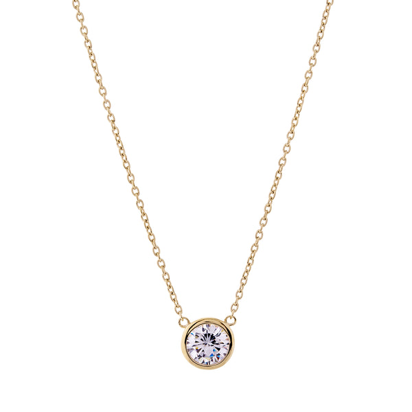 P1828-GP - Gold Plate Bezel 7mm CZ Pendant on Fine Chain