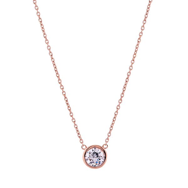 P1828-RG - Rose Gold Bezel 7mm CZ Pendant on Fine Chain