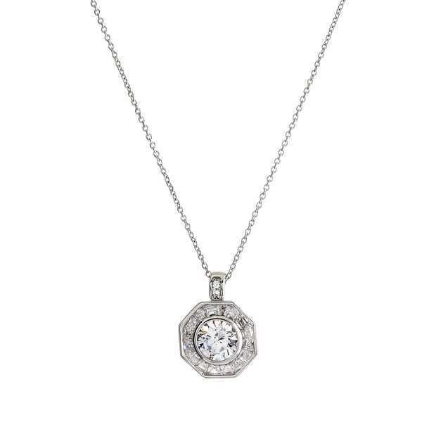 P18464- Rhodium plate & Clear CZ  Art Deco Pendant