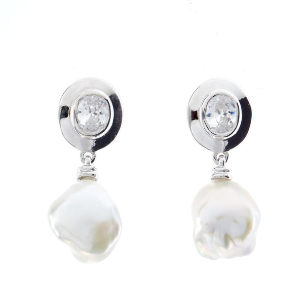 E176-RH - Rhodium, cz & keshi pearl earrings