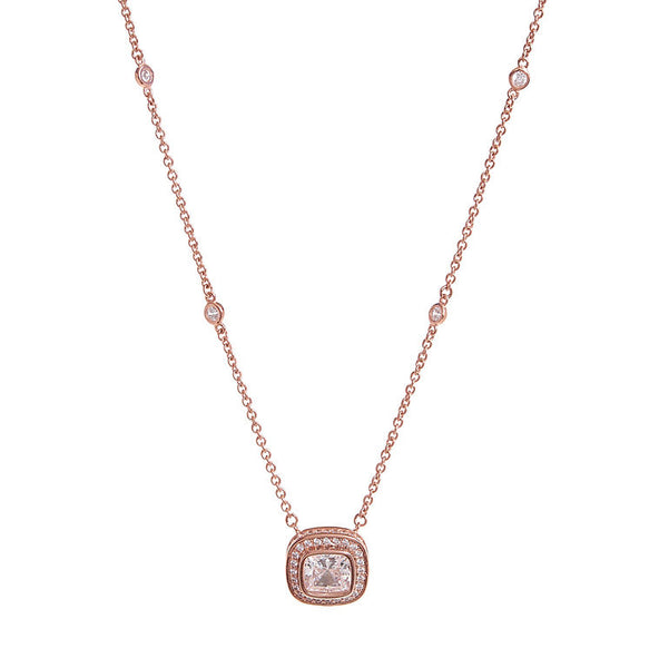P32351-RG - Rose gold square cubic zirconia pendant on fine chain with bezel cubic zirconia -