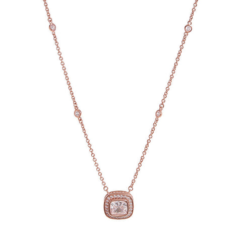 P32351-RG - Rose gold square cubic zirconia pendant on fine chain with bezel cubic zirconia -