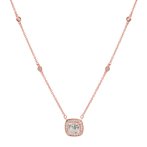 P32494-RG - Rose gold plate square cubic zirconia pendant on fine bezel chain -