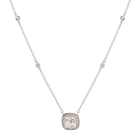 P32494-RH - 925 sterling silver, rhodium plate square cubic zirconia pendant on fine bezel chain