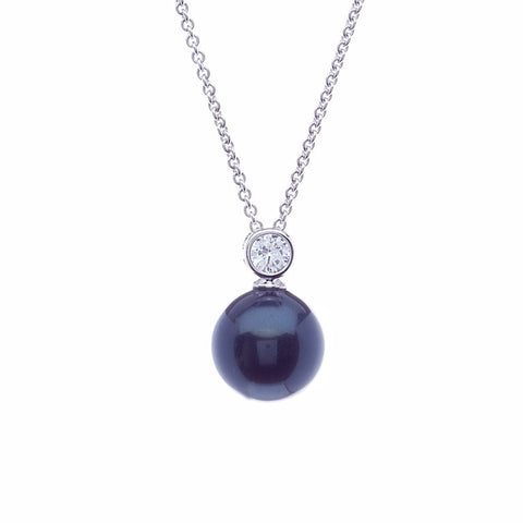 Rhodium bezel cz & 12mm black pearl pendant - P69-608RH