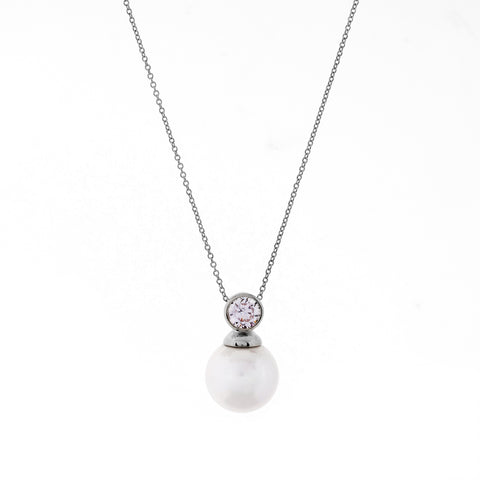 P789-RH - Rhodium Plate CZ Bezel & 14mm Pearl Pendant