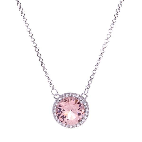 P9365-M - Rhodium round pink & cz pendant on fine chain