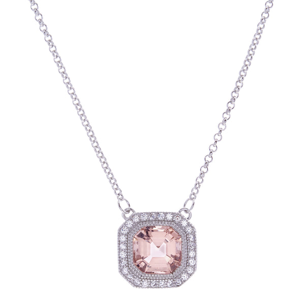 P9366-M- Rhodium square pink & cz pendant on fine chain