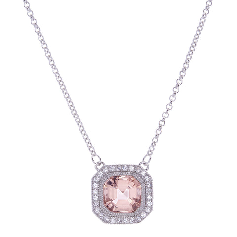 P9366-M- Rhodium square pink & cz pendant on fine chain