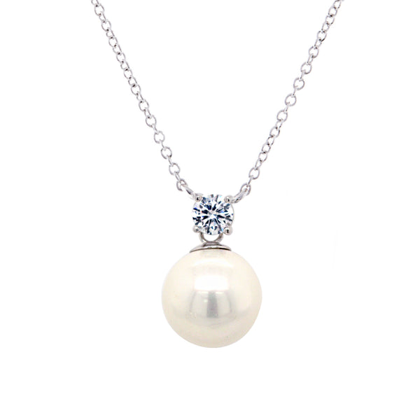 P78-RH - Rhodium  claw set cz & pearl pendant on fine chain