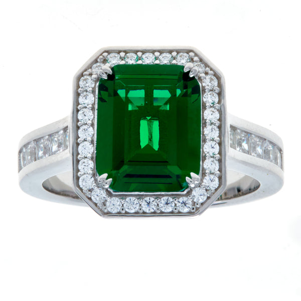 R15214 - Rhodium Emerald green & CZ Ring