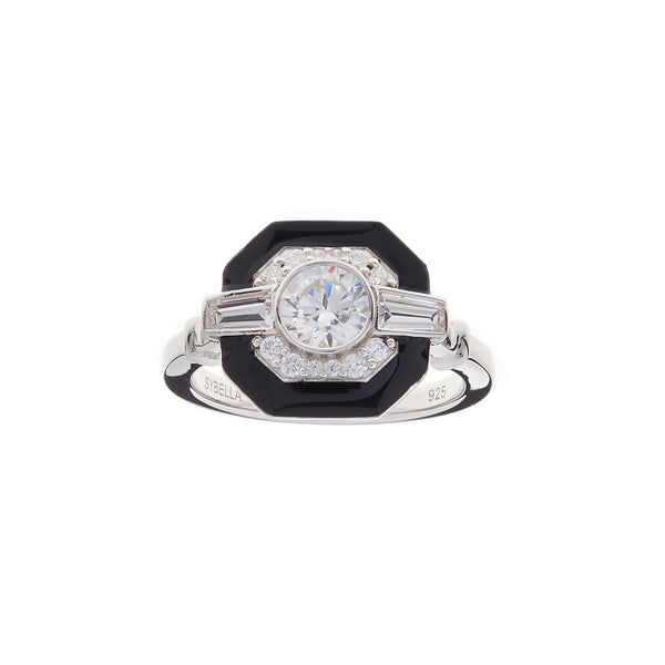 R16544 - Mason Rhodium Black & Clear CZ Square Art Deco Ring