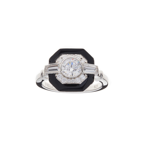 R16544 - Mason Rhodium Black & Clear CZ Square Art Deco Ring