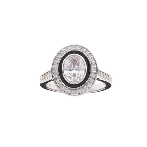 R16558 - Rhodium Black & White Oval CZ Ring