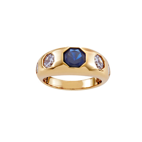 R2067-S - Gold plate, dark blue & white cubic zirconia ring