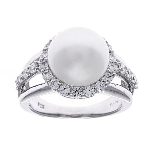 R299 - Sterling silver, rhodium plate & 12mm freshwater pearl & cubic zirconia dress ring