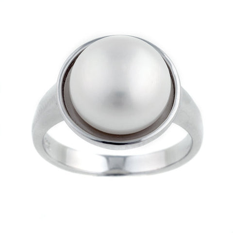 R743 - Silver Rhodium White Freshwater Pearl Ring