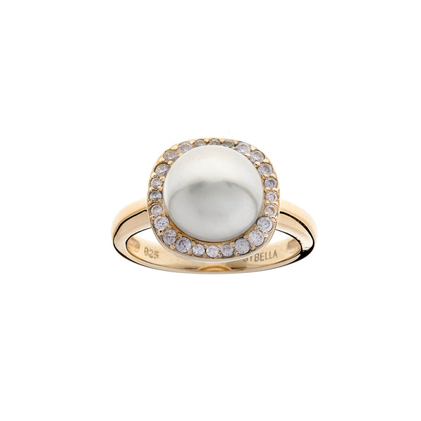R798-GP - Gold Square Set CZ & Pearl Ring