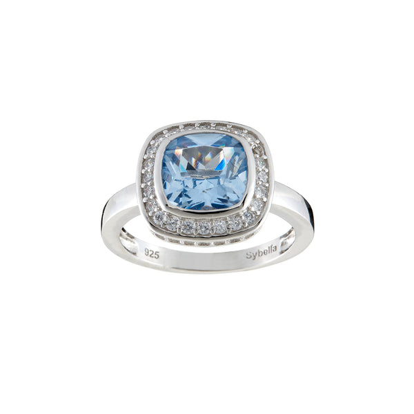 R9134-BL - Rhodium square blue topaz ring