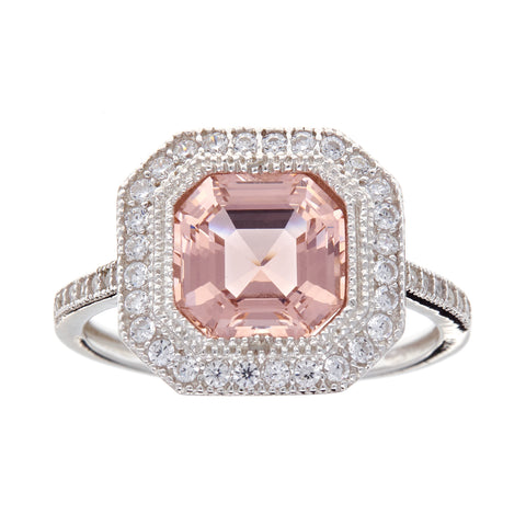 R9314-M - Rhodium square pink & cz ring