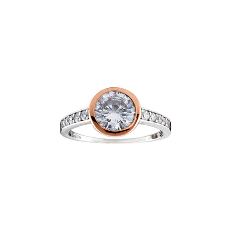 R9700-RG - Rhodium & rose gold round bezel set ring