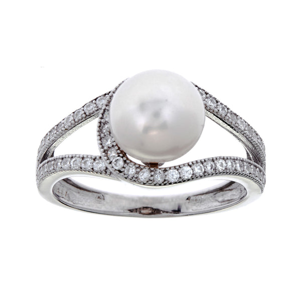 R9837 - Rhodium micro pave, cubic zirconia & freshwater pearl ring