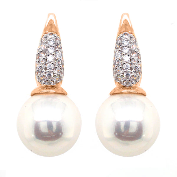 E272-RG - Rose gold pave cz & 12mm pearl earrings on french hook