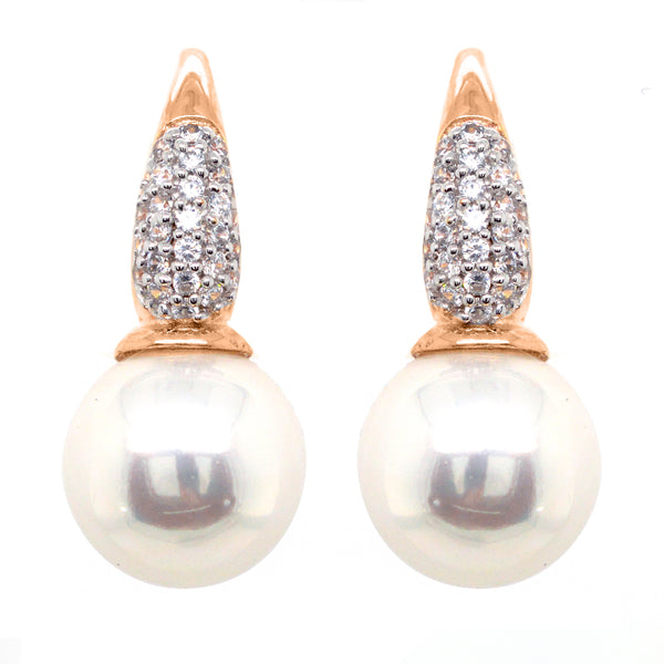 E272-RG - Rose gold pave cz & 12mm pearl earrings on french hook