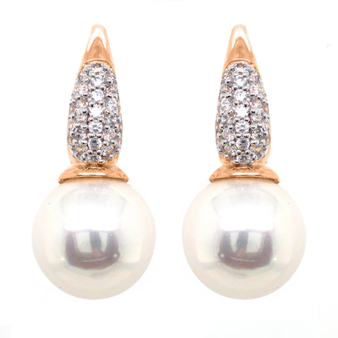 E272-RG - Rose gold pave cz & 12mm pearl earrings on french hook